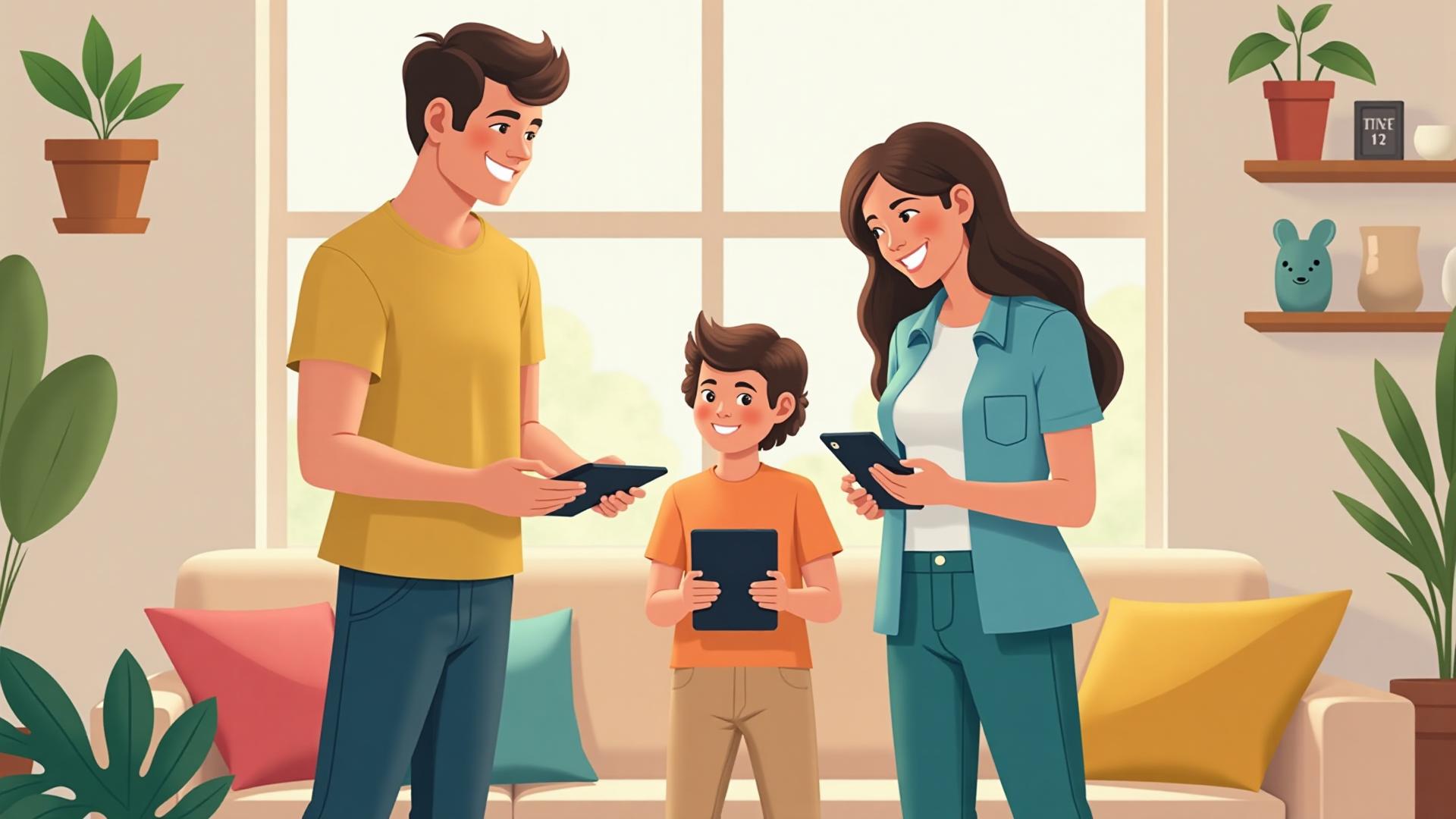 Happy family using devices safely